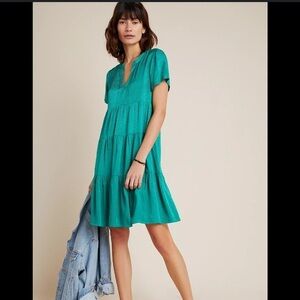 Maeve Anthropologie Dress Women Medium Tania Sacha Satin Tiered Green J